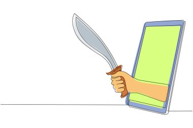 Sürekli tek bir hat halinde cep telefonuna eğri bıçakla el ele tutuşan palalar. Mobil oyunlar, e-spor, akıllı telefonlar için eğlence uygulaması. Tek çizgi çizme tasarım vektörü