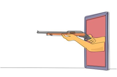 Tek sıra halinde cep telefonundan pompalı tüfeği tutuyor. Video oyunları, e-spor, akıllı telefonlar için eğlence uygulaması kavramı. Devamlı çizgi çizimi tasarım vektörü illüstrasyonu