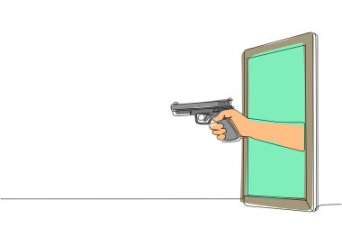 Tek sıra halinde cep telefonundan el tabancası çekiyor. Polis memuru video oyunları, e-spor, akıllı telefonlar için eğlence uygulaması kavramı. Devamlı çizgi çizimi grafik vektörü
