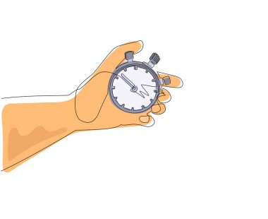 Kronometreyi tutan tek bir insan eli çizgisi. Ok, saat, metre. Pankart, web sitesi tasarımı veya iniş web sayfası için ölçüm ve zaman yönetimi kavramı. Bir çizgi çizme tasarım vektörü
