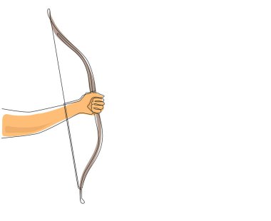 Tek sıra halinde ahşap yay sembolünü tutuyor. Geleneksel tahta yay okçuluk sporu. Okçuluk teçhizatı ve yalıtılmış ok. Dinamik bir çizgi çizer grafik tasarım vektörü çizer