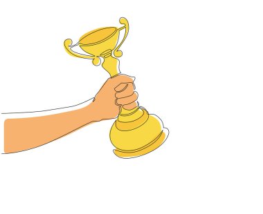 Altın kupa ödül ikonunu tutan tek çizgi çizen adam. Kazanan ödül kadehi. Birincilik ödülü. Başarı ve iş hedefleri. Modern sürekli çizgi çizim grafik vektörü