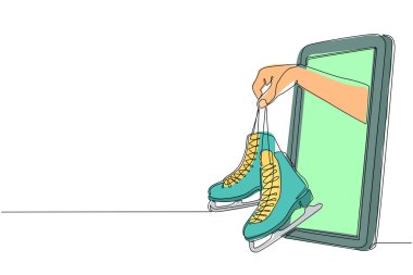 Sürekli çizim yapan bir oyuncu cep telefonuyla buz pateni yapıyor. Buz pateni uygulamalı akıllı telefon. Mobil spor akış şampiyonluğu. Tek çizgi çizimi tasarım vektör çizimi