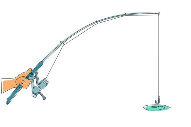 Balıkçının elinde olta tutarken sürekli bir sıra çiziyor. Balıkçı elinde oltayla olta kamışı tutuyor. Balıkçı oltası yaklaş. Tek çizgi çizimi tasarım vektör çizimi