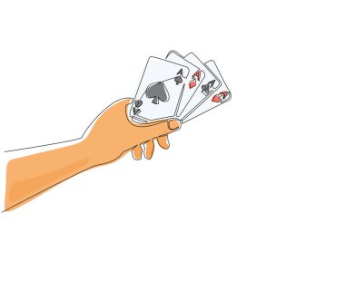 Tek bir çizgi dört as ile el ele tutuşuyor, poker kartı konsepti. Kart oynayan eller: maça, kupa, elmas ve sinek. Poker oyunu sembolü. Devamlı çizgi çizimi grafik vektörü