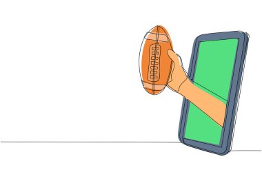 Sürekli çizen bir oyuncu Amerikan futbol topunu cep telefonuyla tutuyor. Amerikan futbolu uygulamalı akıllı telefon. Mobil spor akış şampiyonluğu. Tek çizgi çizme tasarım vektörü