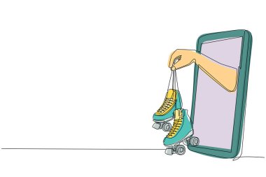 Tek bir çizgili çizim oyuncusu cep telefonuyla paten kayıyor. Paten oyunları uygulamalı akıllı bir telefon. Mobil spor akış şampiyonluğu. Bir çizgi çizimi tasarım vektörü illüstrasyonu