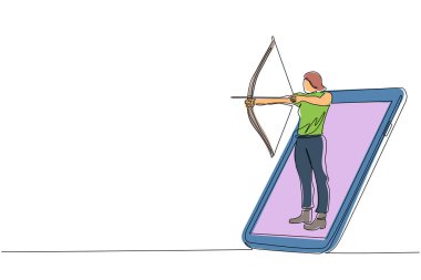 Tek sıra halinde yaylı ve oklu bir kadın akıllı telefon ekranından çıkıyor. Mobil spor müsabakaları. Canlı mobil uygulamalı çevrimiçi okçuluk oyunu. Bir çizgi çizimi tasarım vektörü illüstrasyonu