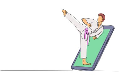 Tekvando üniformalı tekvando adam akıllı telefon ekranından çıkmak için tekme hareketi yapıyor. Mobil spor müsabakaları. Online tekvando oyunu mobil uygulaması. Tek çizgi çizme tasarım vektörü