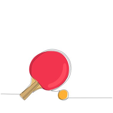 Tek sıra halinde masa tenisi raketi ve top. Masa tenisi spor oyunu. Spor malzemeleri. Masa tenisi raketi ve top ikonu beyaz arka planda izole edilmiş. Bir çizgi çizme tasarım vektörü