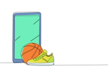 Tek sıra halinde basketbol topu ve akıllı telefonlu ayakkabılar çiziyor. Spor malzemeleri. Basketbol şeyleri. Rekabetçi ve rekabetçi oyun. Aktif ve sağlıklı bir yaşam tarzı. Bir çizgi çizme tasarım vektörü