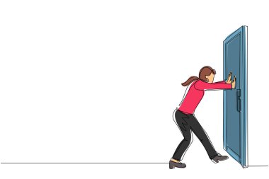 İşkadını beyaz ahşap kapı çerçevesinde kapalı kapıyı itiyor. İş sorunları. Başarı için güç. Kapalı kapılar açılıyor. Tek çizgi çizimi tasarım vektör çizimi