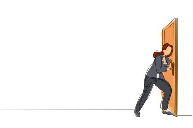 Sürekli koşan genç iş kadınlarını çeken bir çizgi kapıyı kırmak istiyor. İş mücadelesi. Başarı için güç. Kapalı kapılar açılıyor. Tek çizgi çizimi tasarım vektörü grafik çizimi