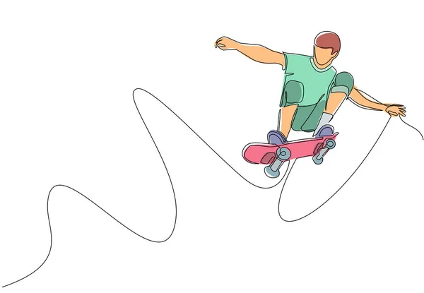 单行画年轻酷滑板选手骑着滑板 在滑板公园做跳跃动作 青少年极限运动 健康的体育生活方式概念 连续线绘图设计矢量 — 图库矢量图片