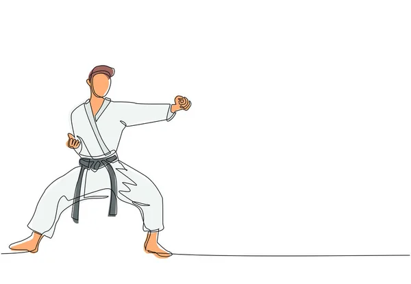 Einreihiges Zeichnen Junger Talentierter Karateka Männer Mit Schlagpositionen Für Zweikämpfe — Stockvektor