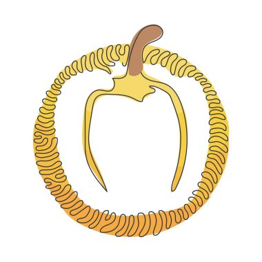 Çiftlik logosu kimliği için tek sıra halinde sağlıklı organik kırmızı biber çiziyor. Meyve sebze ikonu için taze dolmalık biber. Kıvrımlı kıvrımlı çember arka plan tarzı. Bir çizgi çizme tasarım vektörü