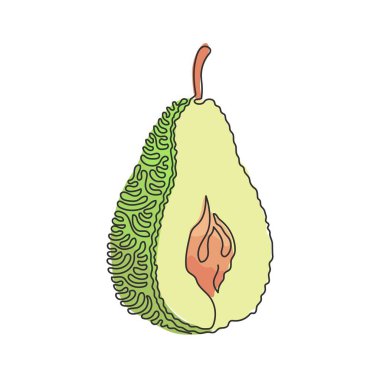 Sürekli bir çizgi, meyve bahçesi logosu kimliği için sağlıklı organik armut dilimliyor. Meyve bahçesi ikonu için taze yaz meyvesi konsepti. Kıvrımlı kıvrımlı. Tek çizgi çizimi tasarım vektör çizimi