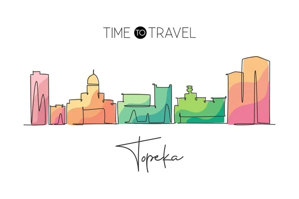 カンザス州トペカ市のスカイラインを描く一本の線 世界の歴史的な町の風景 最高の休日の目的地のはがき 編集可能なストロークトレンディーな連続線描画デザイングラフィックベクトルイラスト — ストックベクタ