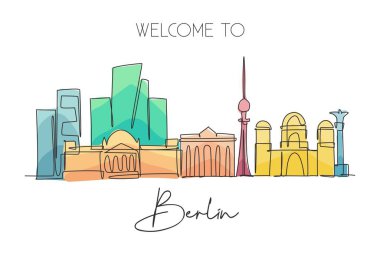 Berlin şehrinin siluetini çizen kesintisiz bir hat. Güzel bir gökdelen manzarası. Dünya Dekorasyon Duvarı Sanat Posteri Turizm Seyahat Konsepti. Tek çizgi çizimi tasarım vektör çizimi