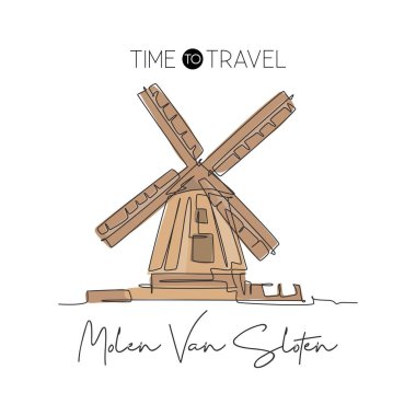 Tek bir çizgi De Gooyer Windmill 'in simgesini çiziyor. Hollanda 'da dünyaca ünlü bir yer. Turizm seyahati duvar dekorasyonu poster baskısı konsepti. Modern sürekli çizgi çizimi tasarım vektörü illüstrasyonu