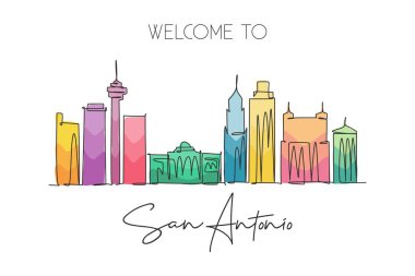 San Antonio şehrinin siluetinin kesintisiz bir çizimi, ABD. Güzel dönüm noktası. Dünya peyzaj turizmi tatil posteri. Düzenlenebilir tek çizgi çizimi tasarım vektörü illüstrasyonuName