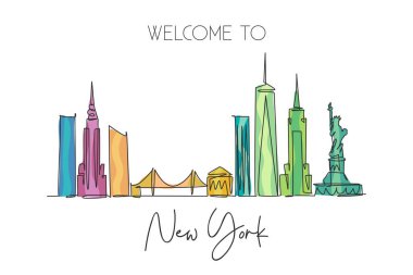 New York şehrinin siluetinin kesintisiz bir çizimi, Amerika Birleşik Devletleri. Güzel şehir simgesi. Dünya manzarası tatili. Düzenlenebilir tek çizgi çizimi tasarım vektörü illüstrasyonuName
