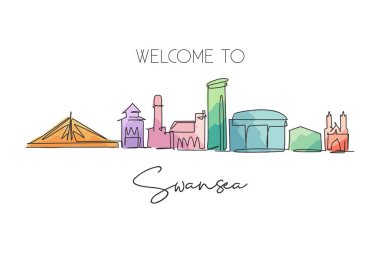 Birleşik Krallık 'ın Swansea şehrinin siluetinin sürekli tek bir çizgisi. Ünlü şehir manzarası. Dünya seyahati konsepti ev dekorasyonu poster resimleri. Modern bir çizgi çizimi tasarım vektörü çizimi