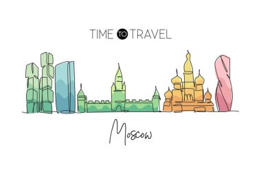 Moskova şehrinin silueti, Rusya 'nın aralıksız tek bir çizgisi. Ünlü şehir kazıyıcısı ve manzarası. Dünya seyahati konsepti ev dekorasyonu poster resimleri. Modern bir çizgi çizimi tasarım vektörü çizimi