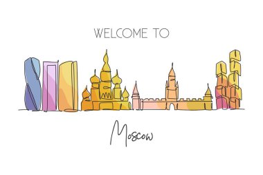 Moskova 'nın siluetinin aralıksız çizimi, Rusya. Güzel dönüm noktası. Dünya peyzaj turizmi seyahat, duvar dekorasyonu, poster baskısı. Tek çizgi çizimi tasarım vektörü illüstrasyonu