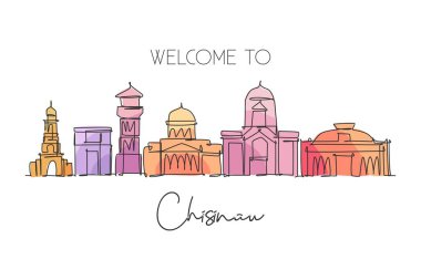 Moldova 'nın Chisinau şehrinin siluetinin sürekli tek bir çizgisi. Ünlü şehir kazıyıcısı ve manzarası. Dünya seyahati konsepti duvar dekorasyonu poster baskı sanatı. Modern bir çizgi çizimi tasarım vektörü çizimi