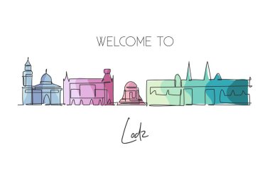 Polonya 'nın Lodz şehrinin siluetinin aralıksız çizimi. Ünlü gökdelen peyzajı kartpostalı. Dünya seyahati konsepti ev dekorasyonu posteri. Düzenlenebilir modern bir çizgi tasarım vektörü illüstrasyonuName