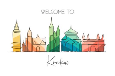 Polonya 'nın Krakow şehrinin siluetinin tek bir çizgisi. Tarihsel gökdelen peyzaj kartpostalı. En iyi tatil yeri duvar dekorasyonu poster sanatı. Moda sürekli çizgi çizimi tasarım vektörü illüstrasyonu