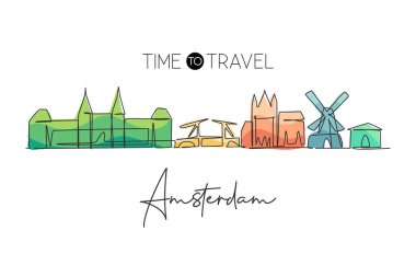 Hollanda 'nın Amsterdam şehrinin siluetinin kesintisiz bir çizimi. Güzel bir gökdelen. Dünya peyzaj turizmi seyahat duvar dekoru posteri. Tek çizgi çizimi tasarım vektör çizimi