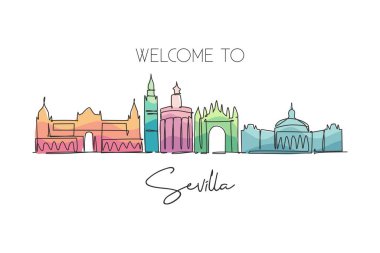 İspanya 'nın Sevilla şehrinin siluetinin aralıksız bir çizimi. Güzel bir gökdelen. Dünya peyzaj turizmi seyahat duvar dekoru poster konsepti. Tek çizgi çizimi tasarım vektörü illüstrasyonu