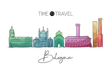 İtalya 'nın Bologna şehrinin siluetinin tek bir çizgisi. Dünyanın tarihi gökdelen manzarası. En iyi tatil yeri duvar dekorasyonu poster sanatı. Moda sürekli çizgi çizimi tasarım vektörü illüstrasyonu