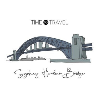 Sydney Harbour Köprüsü 'nü çizen tek bir hat var. Avustralya 'da güzel bir yapı. Dünya seyahati dekorasyon duvarı poster konsepti. Modern bir çizgi çizimi tasarım vektörü çizimi