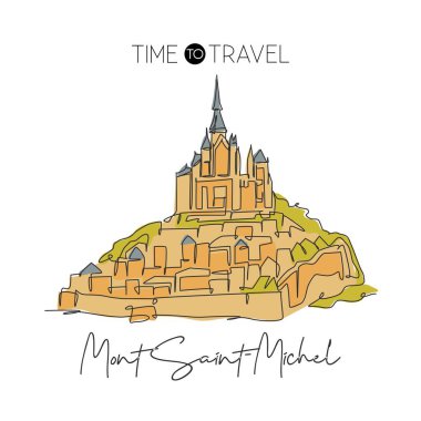 Le Mont Saint Michel şehir simgesini çizen kesintisiz bir hat. Normandiya, Fransa 'da ikonik bir yer. Tatil duvarı dekorasyonu poster baskısı konsepti. Modern tek çizgi çizimi tasarım vektör çizimi