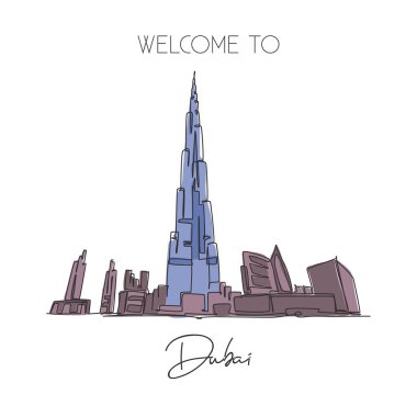 Burj Halife Kulesi 'nin simgesini çizen kesintisiz bir hat. Dubai, BAE 'de dünyaca ünlü bir yer. Tatil tatili ev dekorasyonu poster baskısı konsepti. Modern tek çizgi çizimi tasarım vektör çizimi