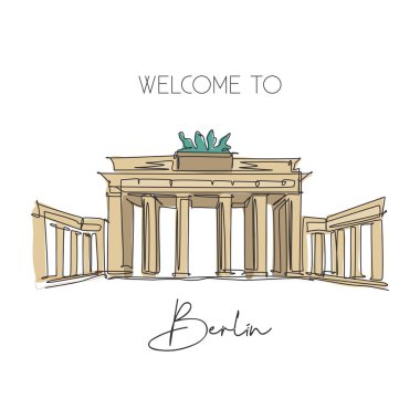 Brandenburg Geçidi 'nin simgesini çizen kesintisiz bir hat. Berlin, Almanya 'da dünyaca ünlü bir yer. Tatil duvarı dekorasyonu poster baskısı konsepti. Modern tek çizgi çizimi tasarım vektör çizimi