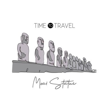 Moai şehir simgesine sürekli bir hoş geldin çizgisi. Paskalya Adası, Polinezya 'da ikonik bir yer. Tatil duvarı dekorasyonu poster konsepti. Modern tek çizgi çizimi tasarım vektör çizimi