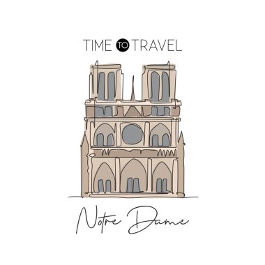 Notre Dame 'ın simgesini çizen kesintisiz bir hat. Paris, Fransa 'da dünya ikonik bir yer. Tatil tatili ev dekorasyonu poster baskısı konsepti. Modern tek çizgi çizimi tasarım vektör çizimi