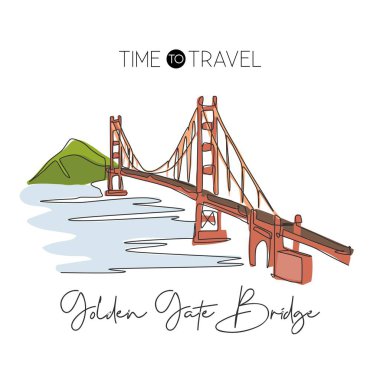 One continuous line drawing Golden Gate Bridge landmark. Iconic place in San Francisco USA. Holiday wall decor home art poster print concept. Modern single line draw design vector graphic illustration clipart