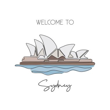 Single one line drawing Opera House. Iconic multi venue performing art in Sydney. Tourism travel postcard and home wall decor art poster print concept. Vector illustration graphic draw design