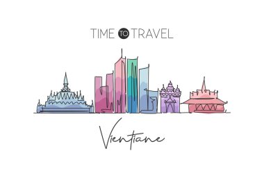 Vientiane şehrinin siluetini çizen tek bir çizgi Laos. Dünya tarihi şehir peyzajı kartpostalı. Tatil için en iyi yer. Düzenlenebilir vuruş eğilimi sürekli çizgi çizim vektör çizimi illüstrasyonuName