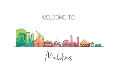 Tek sıra halinde Maldivler 'de erkek silueti çiziyor. Ünlü şehir kazıyıcısı, kartpostal baskısı. Dünya seyahati konsepti. Düzenlenebilir vuruş modern bir çizgi çizim vektör çizimi illüstrasyonu