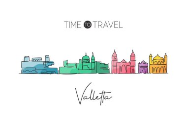 Valletta siluetini çizen tek sıra, Malta. Ünlü şehir kazıyıcı peyzaj. Dünya seyahati konsepti ev dekorasyonu duvar posteri baskısı. Modern bir çizgi çizimi tasarım vektörü çizimi
