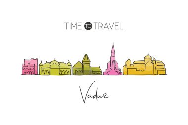 Vaduz şehrinin siluetinin tek bir çizgisi, Lihtenştayn. Dünya şehir peyzaj kartpostalı. Tatil için en iyi yer. Düzenlenebilir vuruş eğilimi sürekli çizgi tasarım vektörü sanat illüstrasyonu