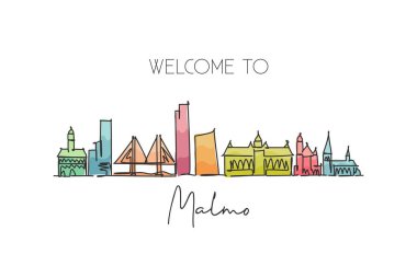 İsveç 'in Malmö şehrinin siluetinin kesintisiz bir çizimi. Güzel bir kartpostal. Dünya turizmi ve seyahat tatili. Düzenlenebilir tek çizgi çizimi tasarım vektörü illüstrasyonuName