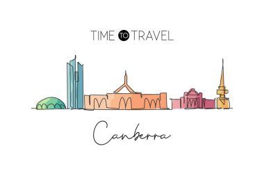 Avustralya 'nın Canberra şehrinin siluetinin aralıksız bir çizimi. Güzel dönüm noktası. Dünya peyzaj turizmi tatil posteri. Düzenlenebilir tek çizgi çizimi tasarım vektörü illüstrasyonuName