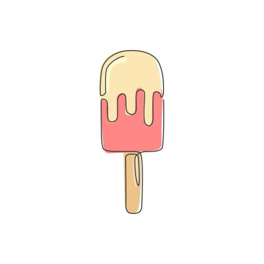 Taze buzlu dondurmaların tek bir çizgi çizimi logo grafik çizimi yapıyor. Dondurma çubuğu kafe menüsü ve restoran rozeti konsepti. Modern sürekli çizgi tasarım sokak yiyecekleri logosu